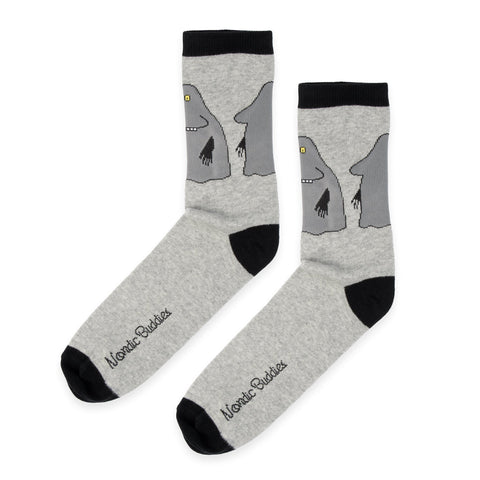 2. Pair of grey Moomin socks with The Groke design, angled view showing NordicBuddies branding