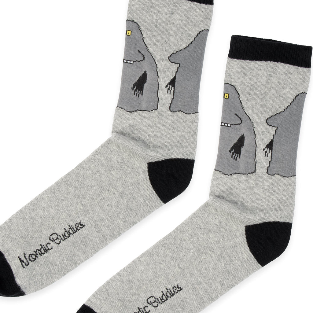 3. Close-up of grey Moomin socks with The Groke design, highlighting NordicBuddies logo
