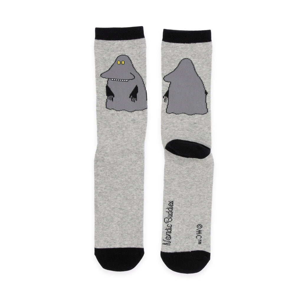 1. Men's grey Moomin socks featuring The Groke design, shown flat with front and back view, by NordicBuddies
