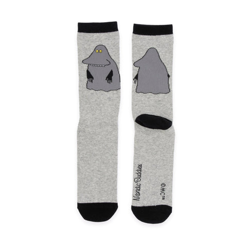 1. Men's grey Moomin socks featuring The Groke design, shown flat with front and back view, by NordicBuddies