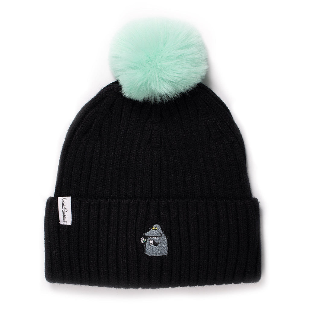 1. Black kids' beanie with mint green pom-pom, featuring Moomin character embroidery and NordicBuddies label, on white background