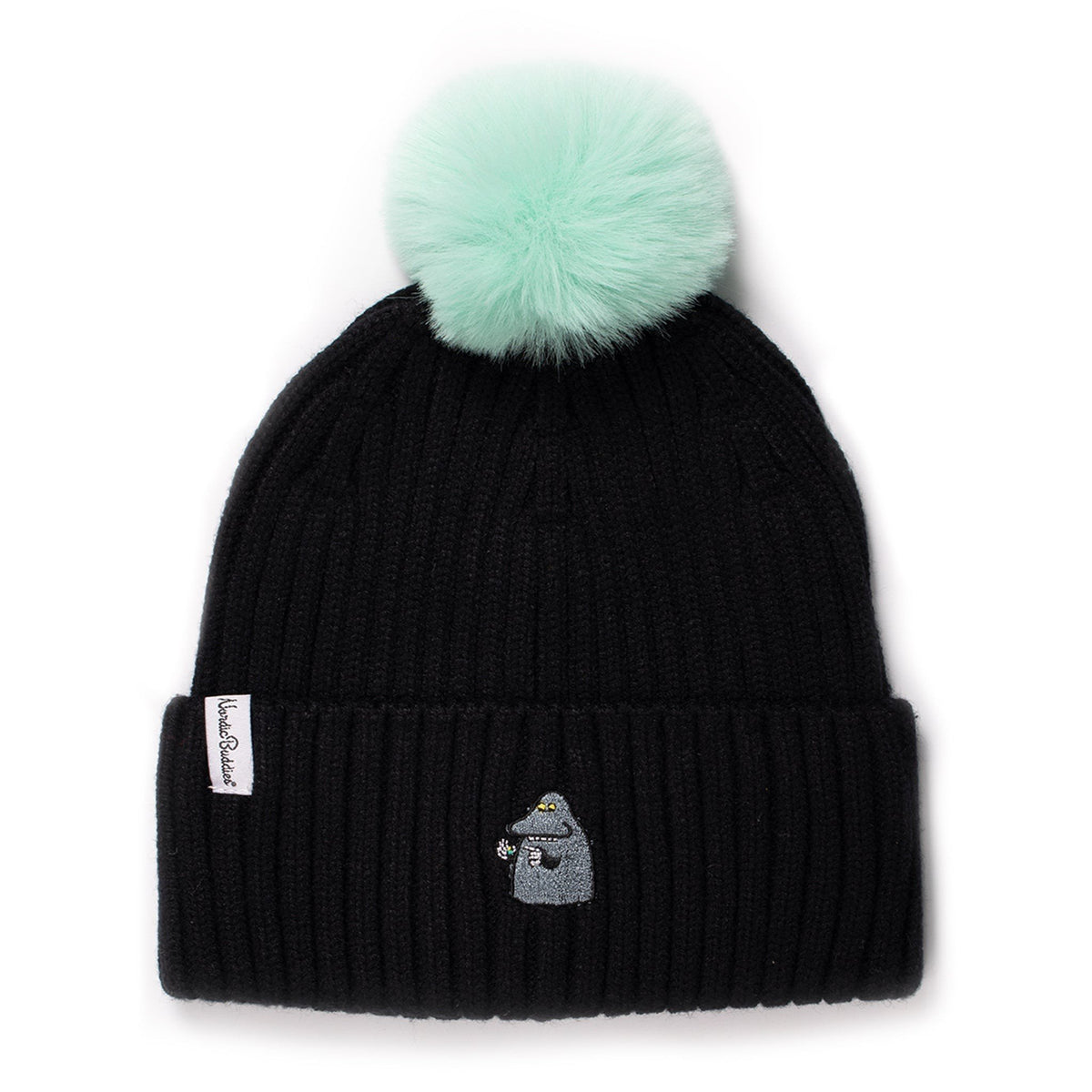 1. Black kids' beanie with mint green pom-pom, featuring Moomin character embroidery and NordicBuddies label, on white background