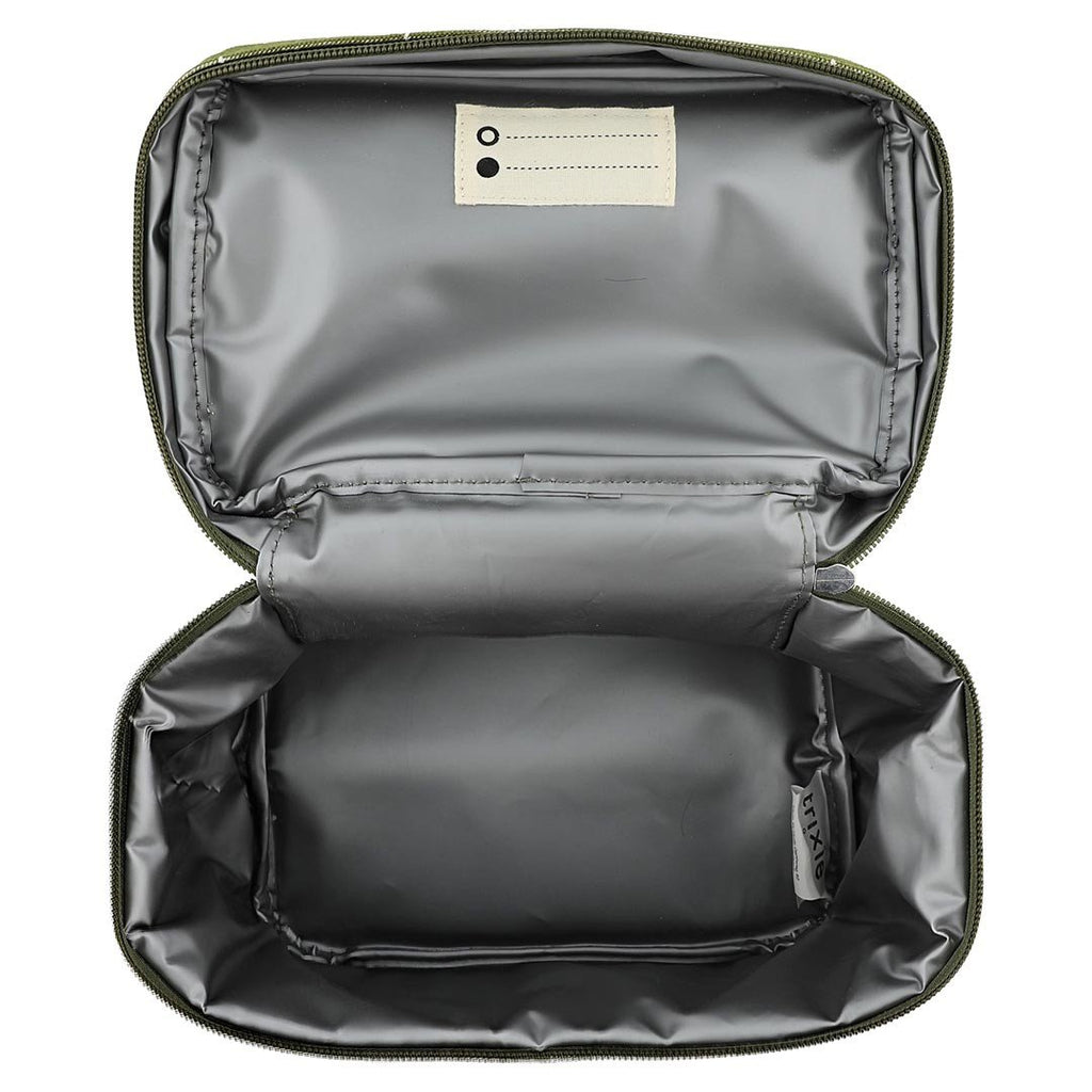 2. Interior view of thermal lunch bag showing spacious compartment and name tag, lined with polyester