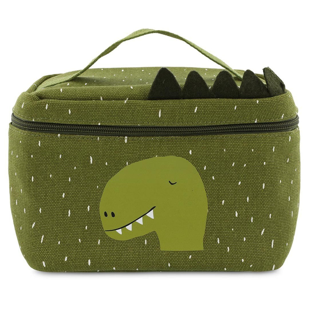 1. Green thermal lunch bag with playful dinosaur design and handle, made of cotton, by Trixie Baby