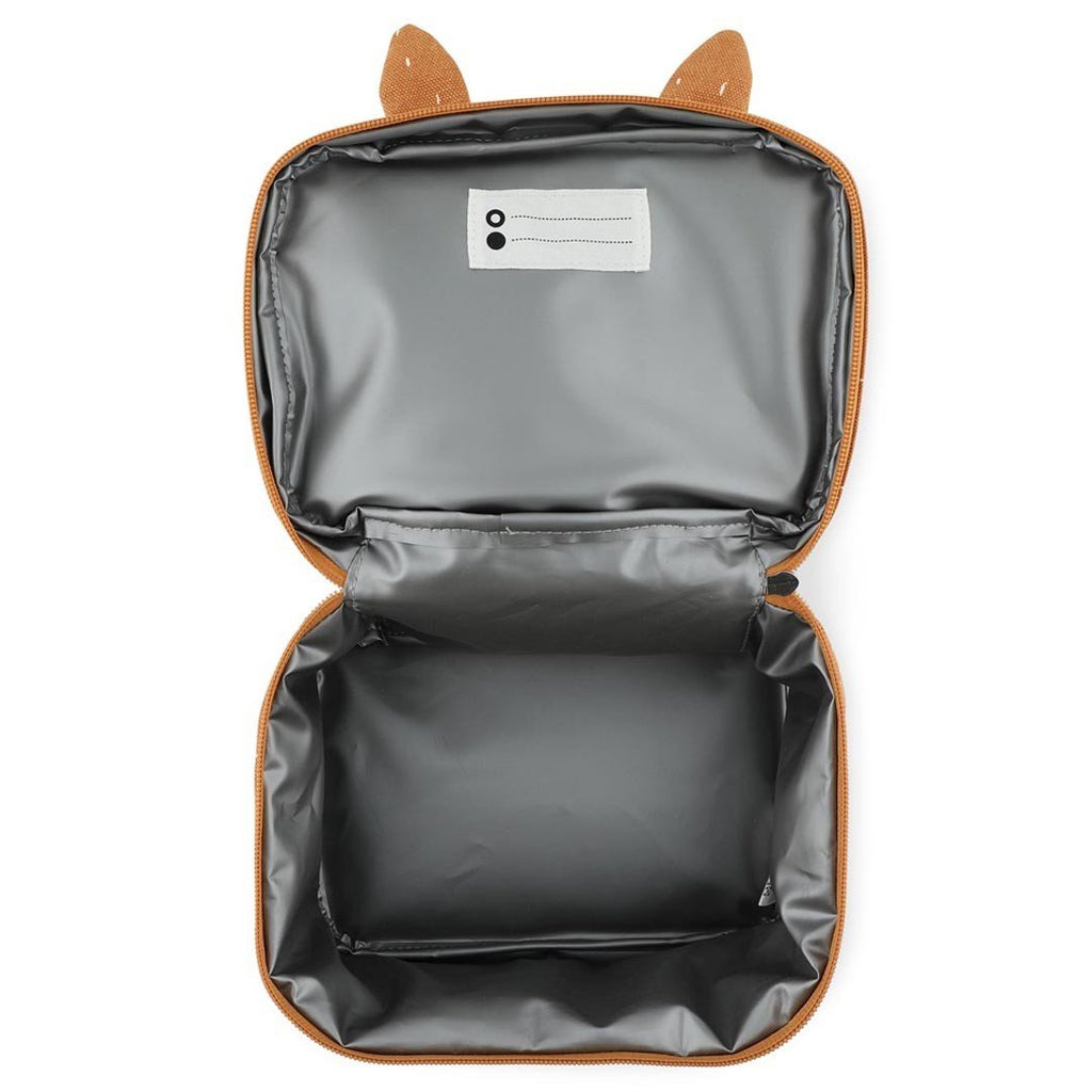 2. Open Trixie Baby Mr. Fox thermal lunch bag showing isothermal lining and name tag inside