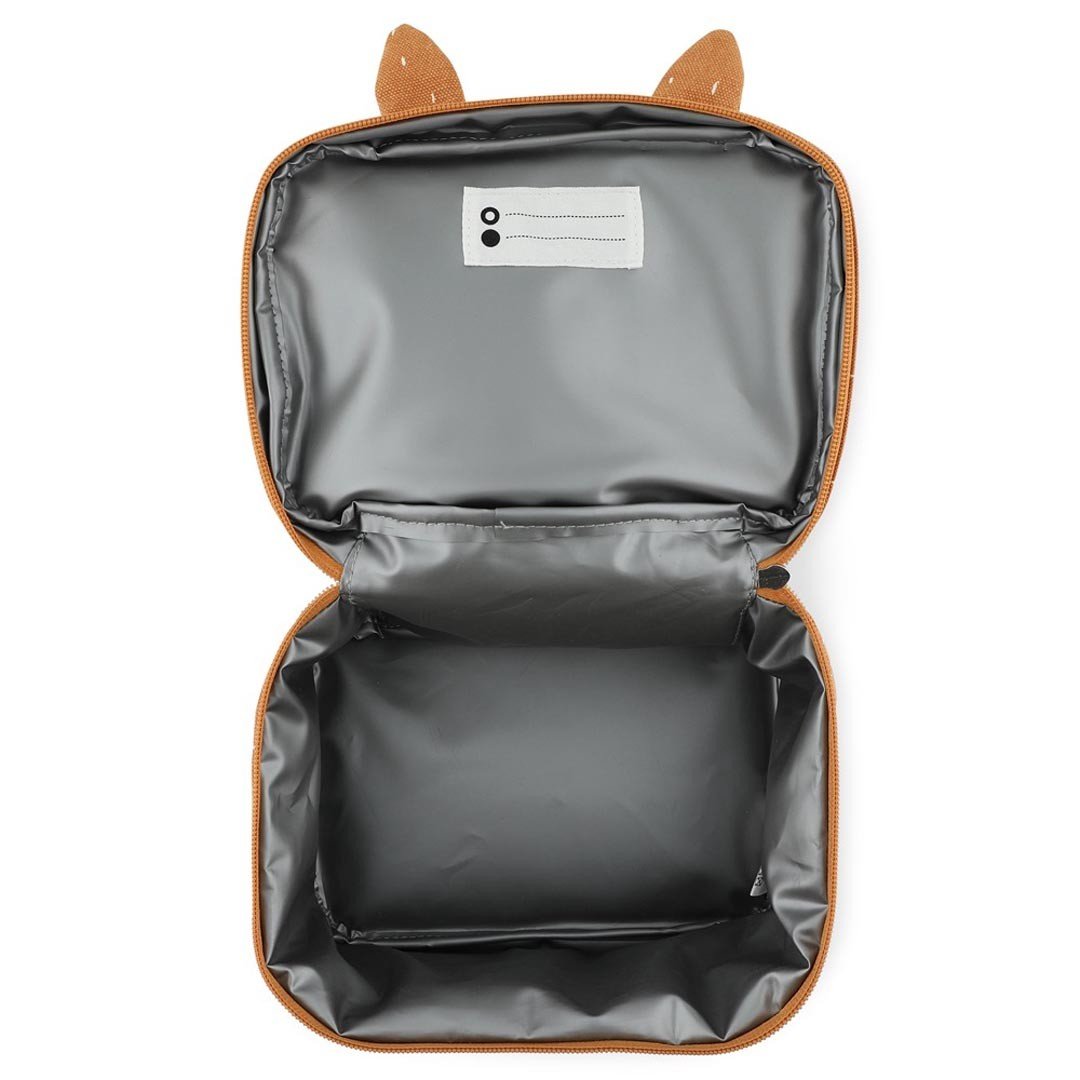 2. Open Trixie Baby Mr. Fox thermal lunch bag showing isothermal lining and name tag inside