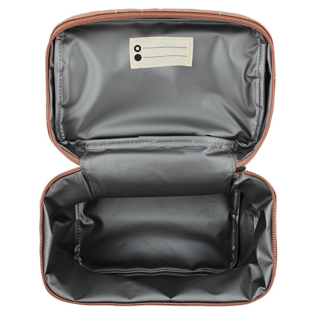 5. Interior view of Trixie Baby Mrs. Cat thermal lunch bag showing isothermal lining and name tag