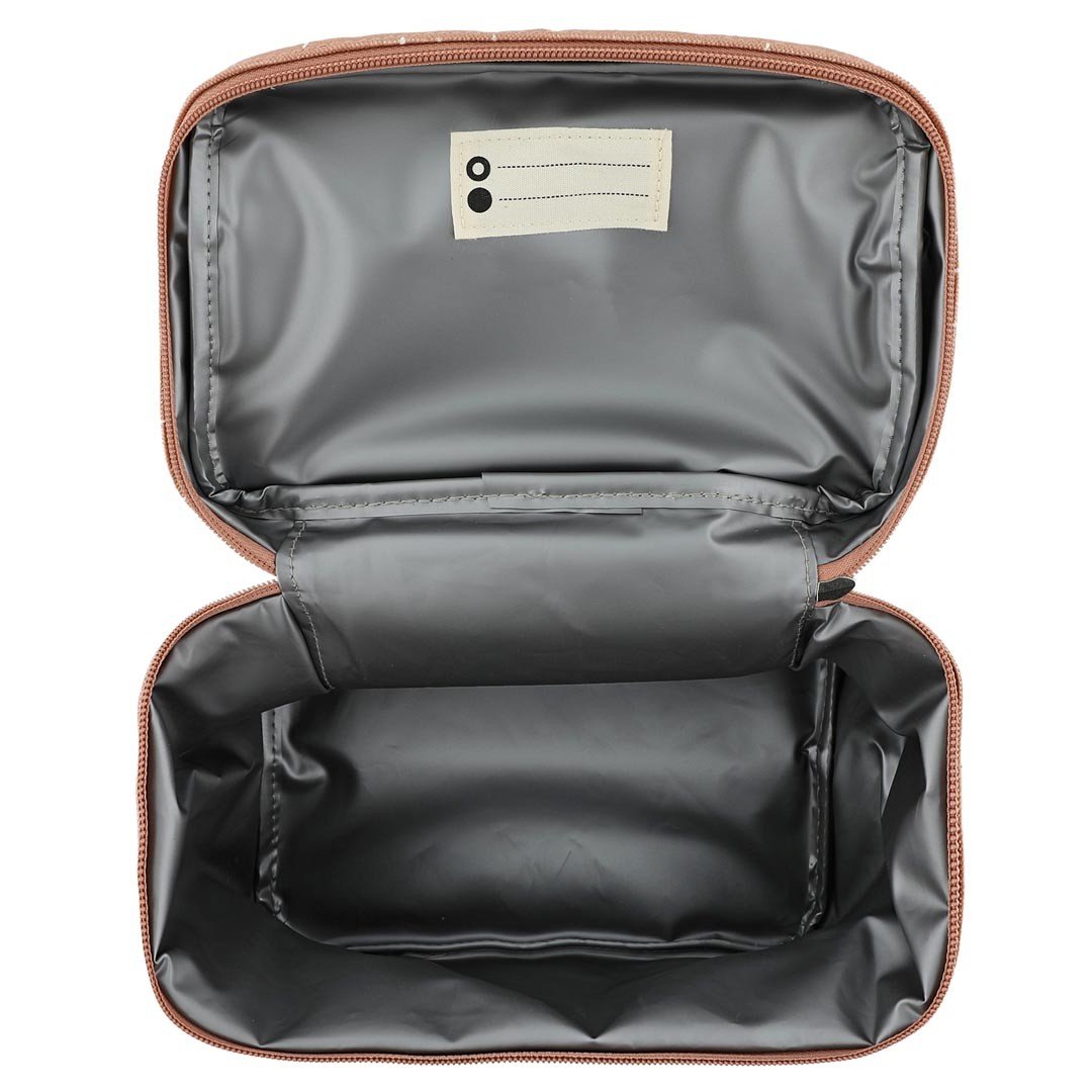 5. Interior view of Trixie Baby Mrs. Cat thermal lunch bag showing isothermal lining and name tag