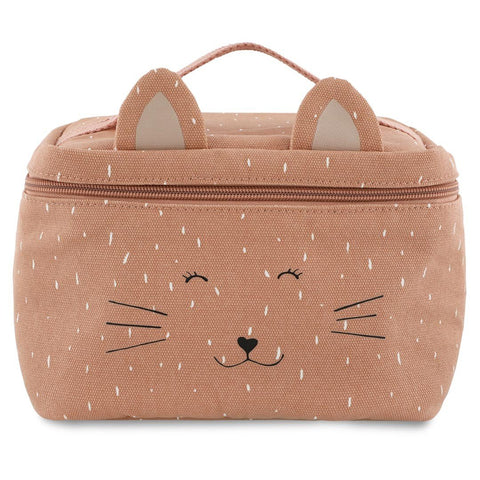 3. Front view of Trixie Baby Mrs. Cat thermal lunch bag with cat face design and ears, on white background