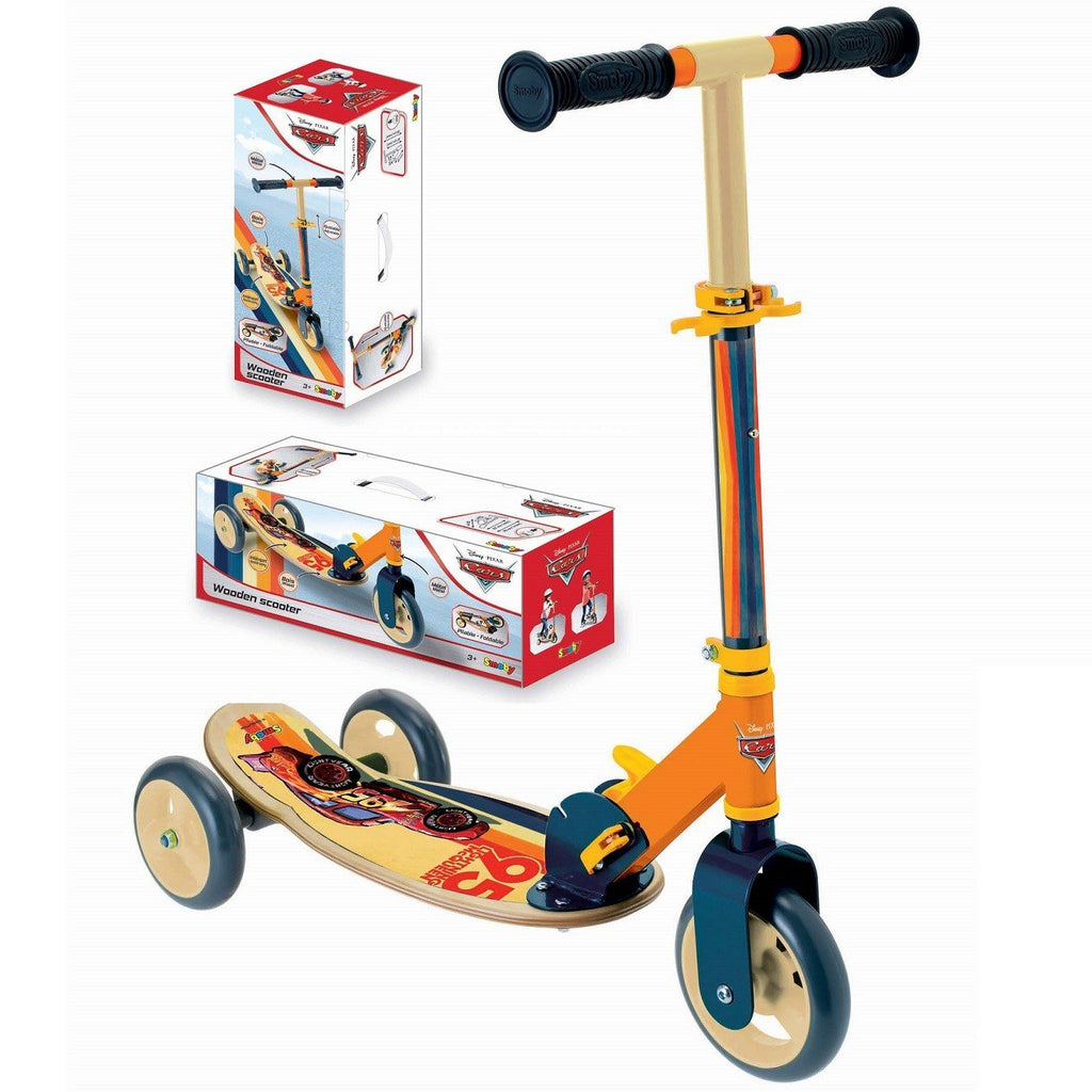 2. Three-wheeled wooden scooter with Cars theme, shown with packaging, featuring wide platform and adjustable handlebar