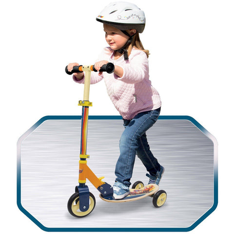 1. Child wearing helmet riding three-wheeled wooden scooter with Cars theme, wearing pink jacket and jeans