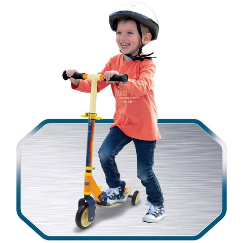 3. Child wearing helmet riding three-wheeled wooden scooter with Cars theme, wearing orange shirt and jeans