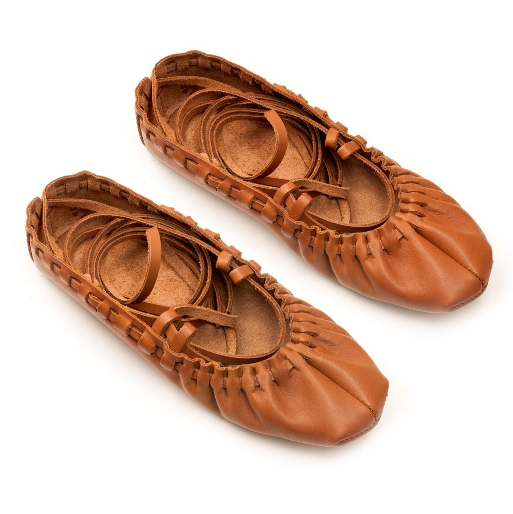 3. Top view of Omaking Tied Dancing Shoes Toots & Teele in brown leather, featuring adjustable laces and reinforced design