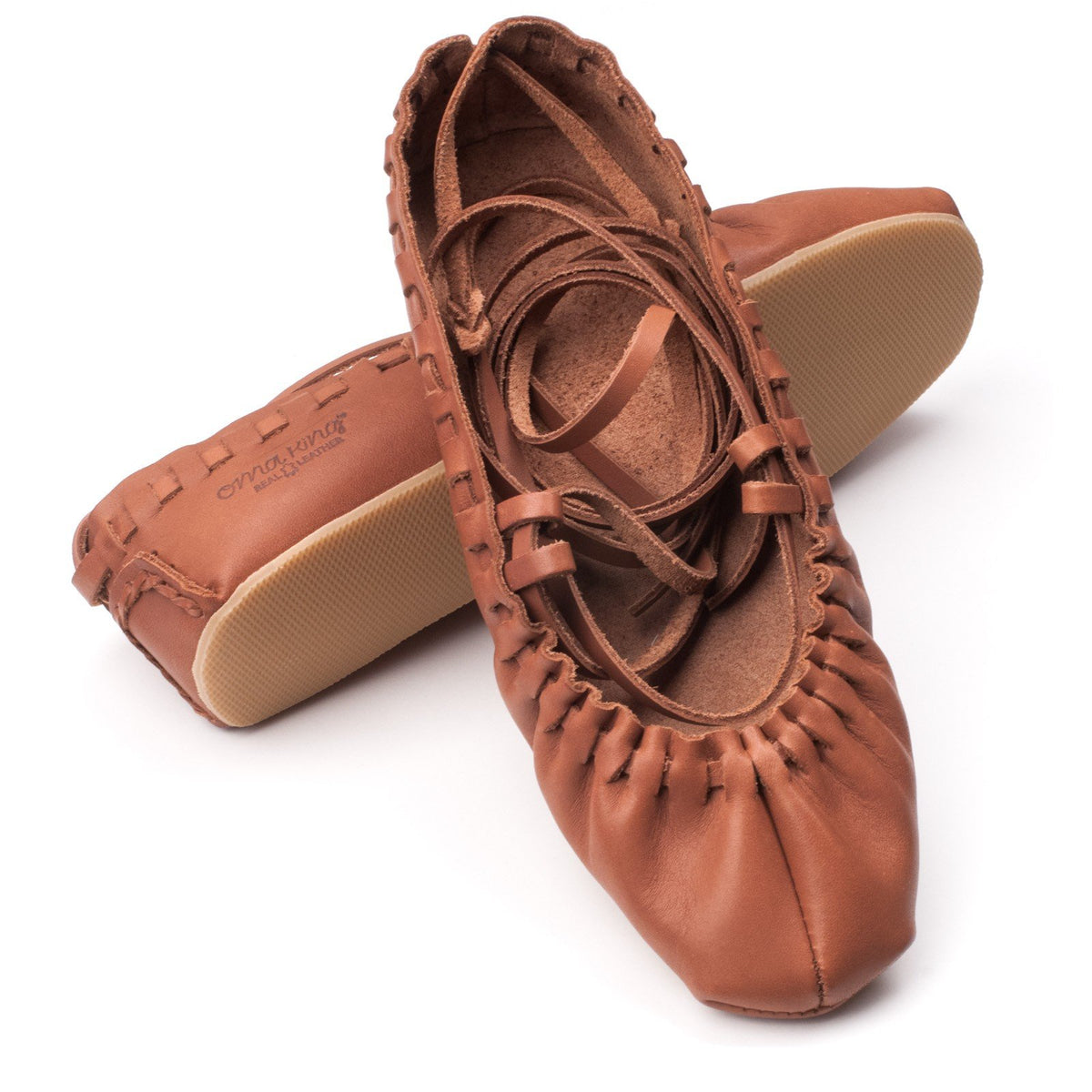 1. Studio shot of Omaking Tied Dancing Shoes Toots & Teele in brown leather, showing adjustable laces and non-slip rubber outsole
