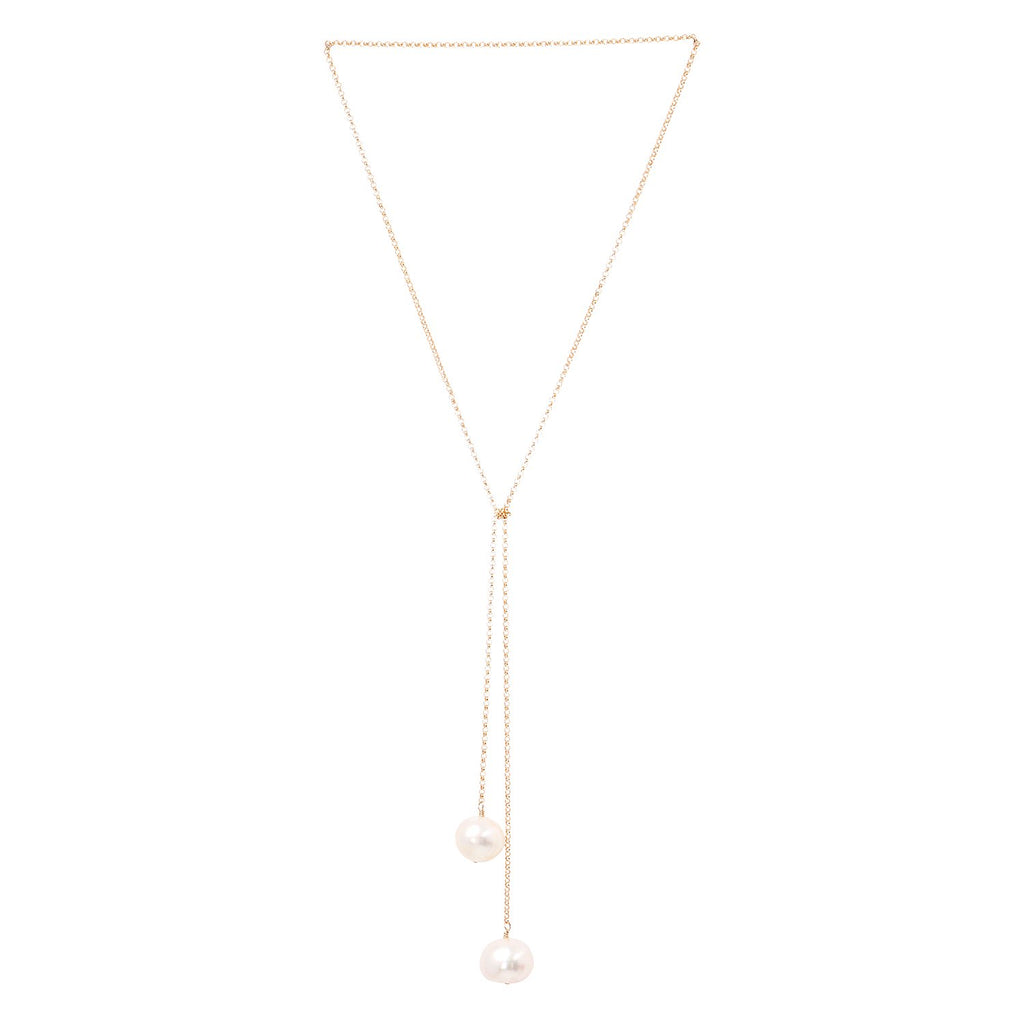 2. Studio image of TIED TO COCO - Pearl necklace by New Vintage by Kriss, showcasing two large pearls on a gold-filled chain