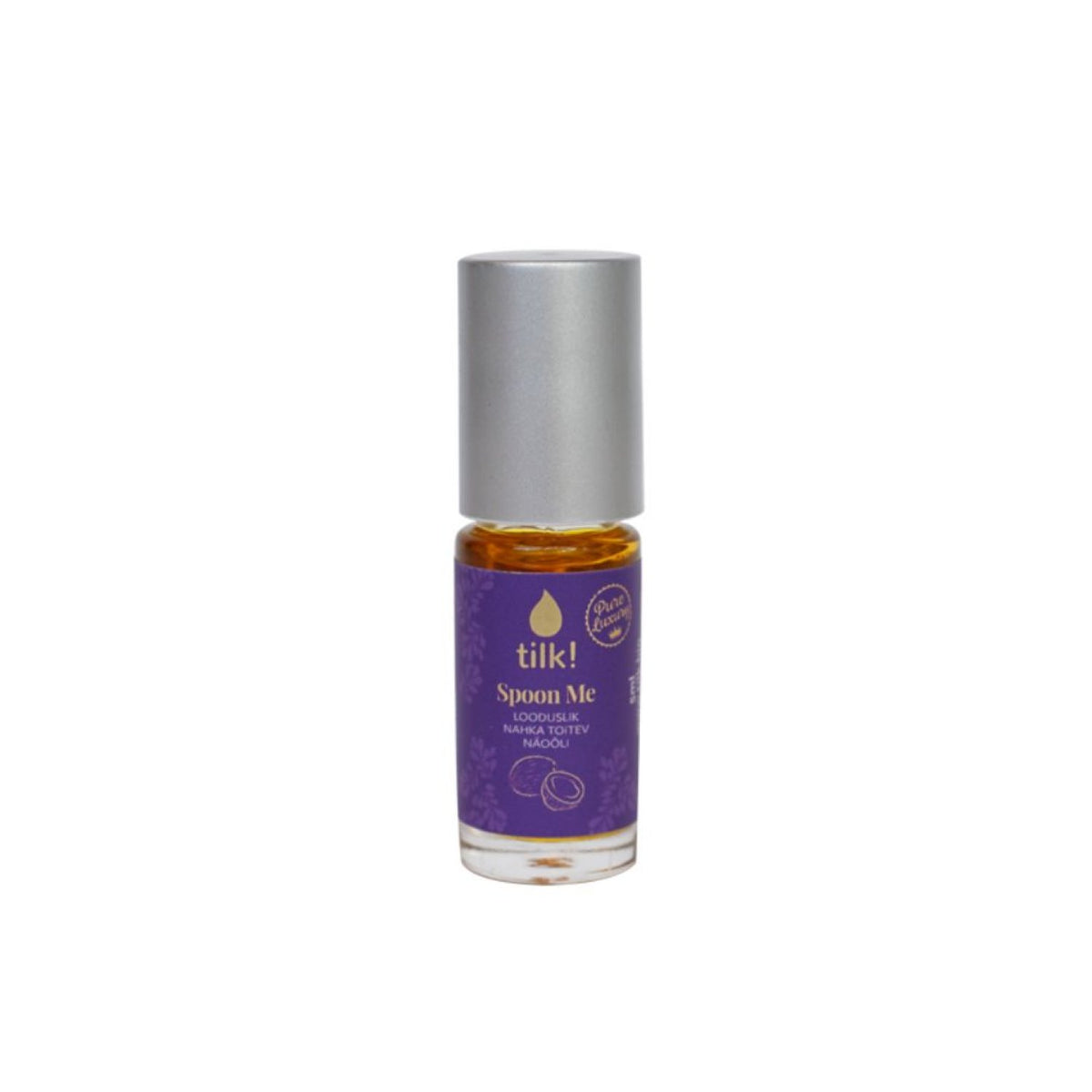 1. Tilk! Spoon Me Rich and Nourishing Vitamin Oil for dry skin, 5ml bottle with purple label and silver cap, studio shot