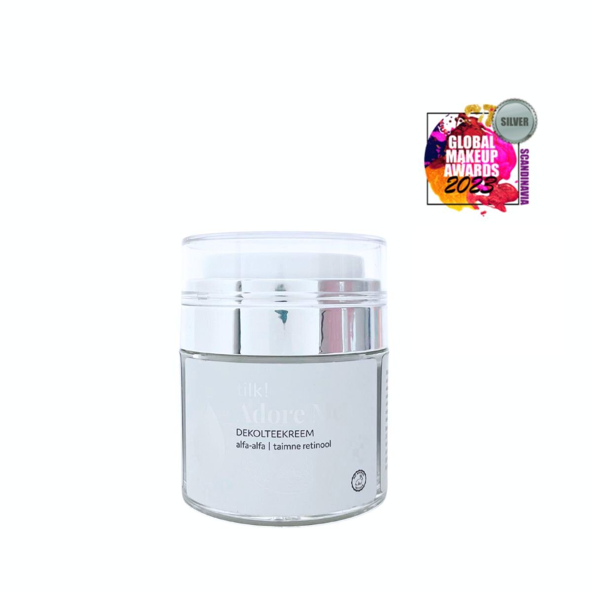 2. Studio image of Tilk! Adore Me Rich Décolleté Cream with alfalfa and plant-based retinol, featuring Global Makeup Awards 2023 silver winner badge