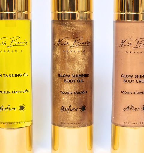 4. Trio of North Beauty products including Glow Shimmer Body Oil, Tanning Oil, and Body Cream in studio