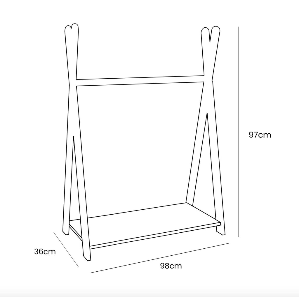 5. Size chart for MeowBaby Tipi clothing rack showing dimensions in centimeters