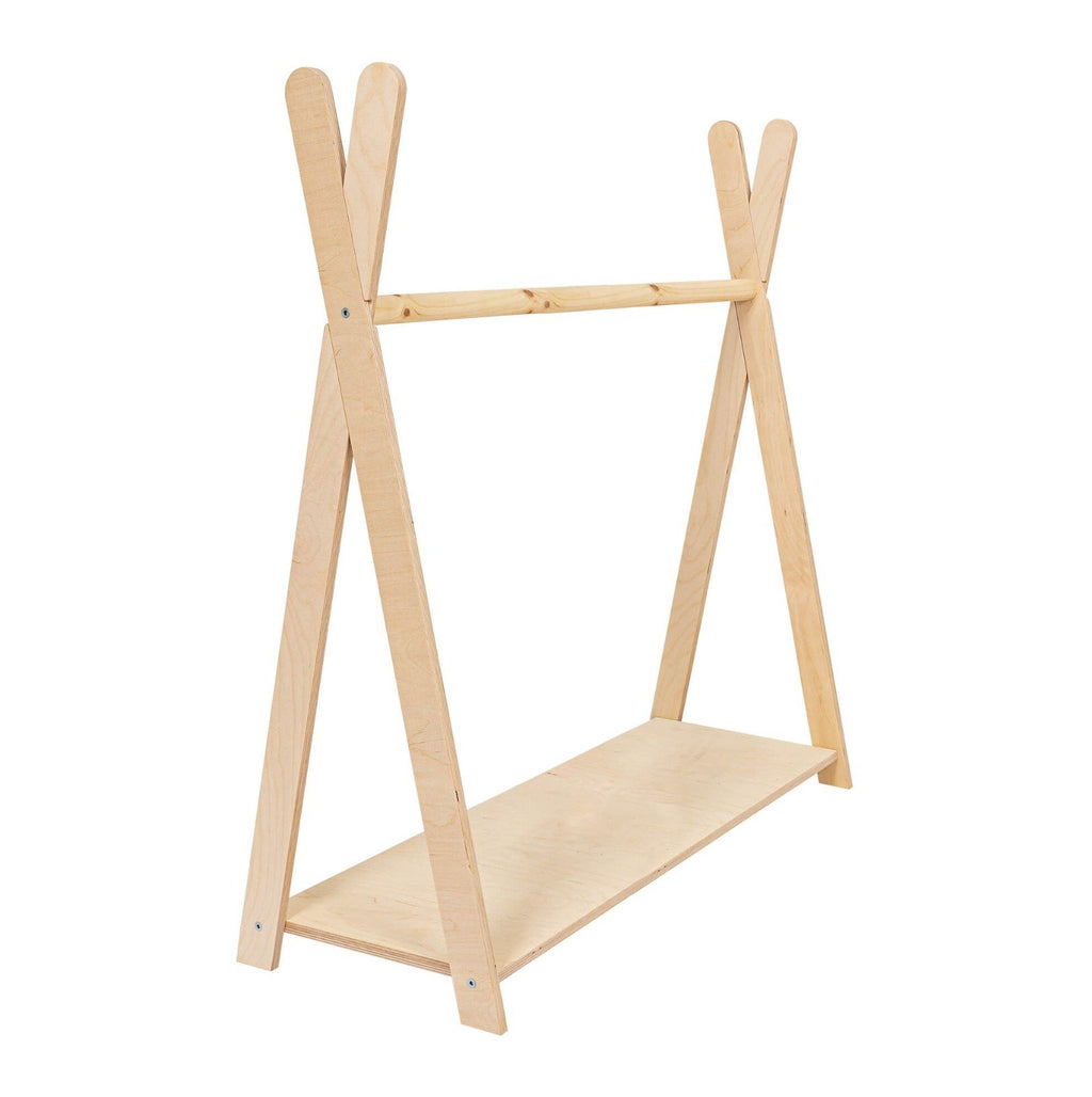 2. MeowBaby Tipi clothing rack in natural wood with shelf, shown in studio setting