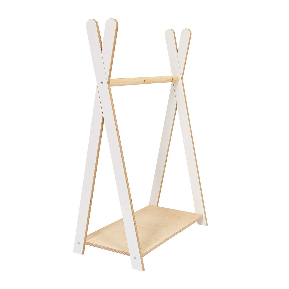 2. Studio shot of MeowBaby Tipi clothing rack for children in small white, featuring wooden construction and bottom shelf