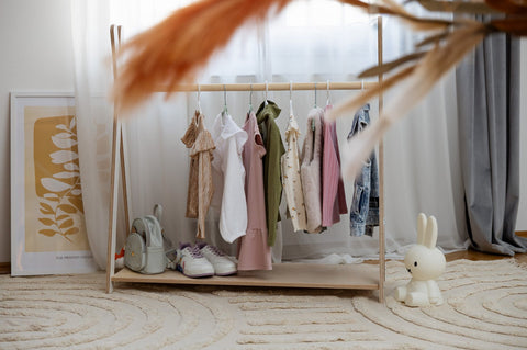 1. MeowBaby Tipi clothing rack in cozy children's room with clothes and accessories, white and wood finish