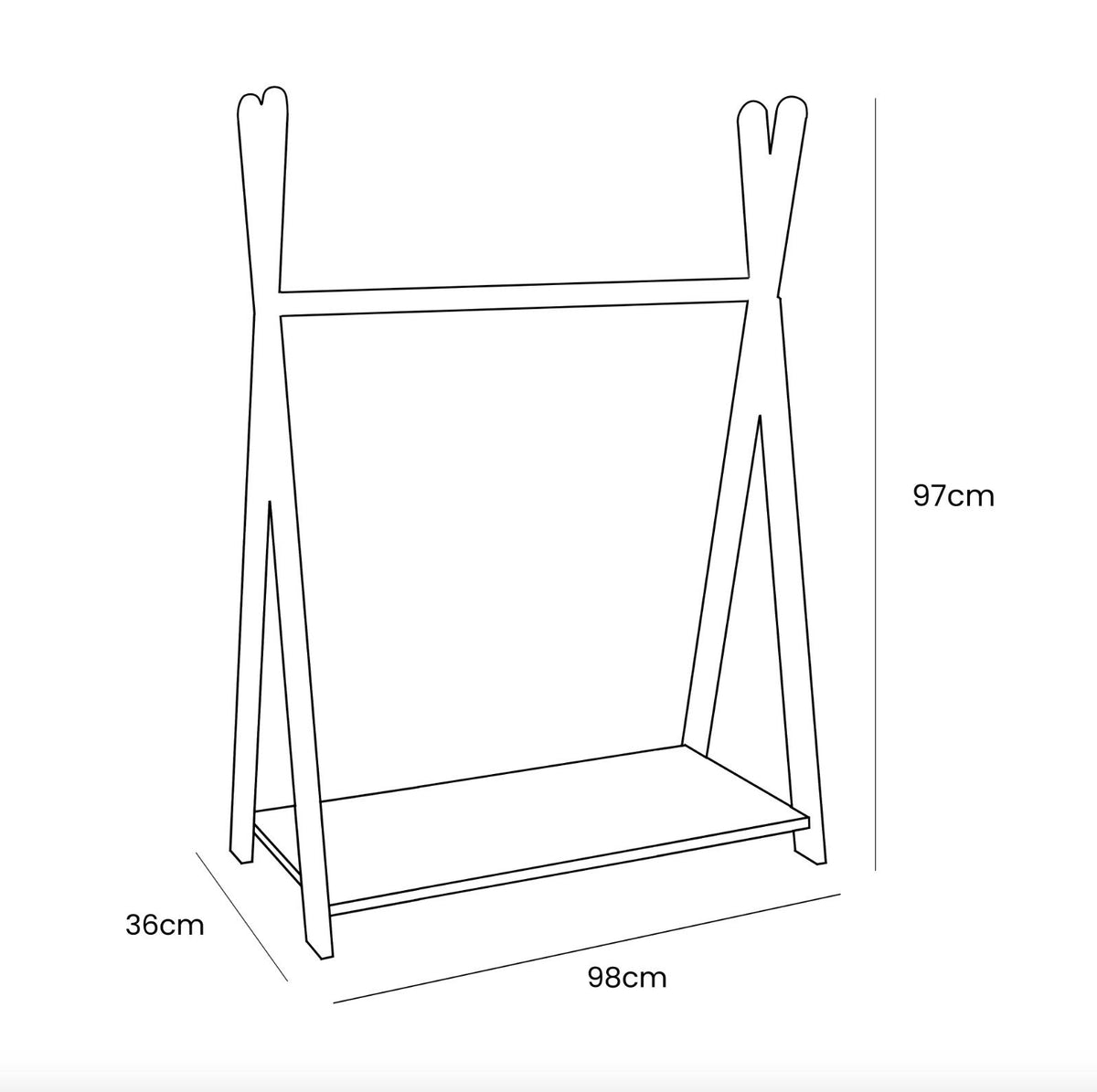 5. Size chart for MeowBaby Tipi clothing rack for children showing dimensions in centimeters