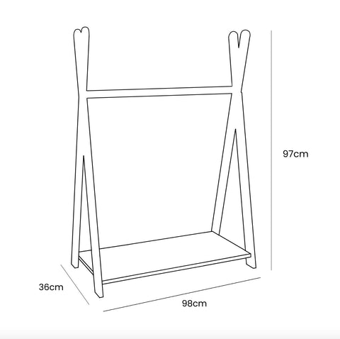5. Size chart for MeowBaby Tipi clothing rack for children showing dimensions in centimeters