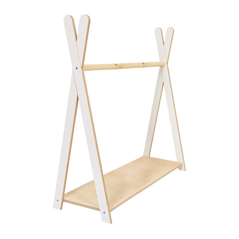 2. MeowBaby Tipi clothing rack for children in white with wooden shelf, shown in studio setting