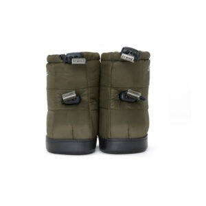 4. Flat lay of Stonz toddler puffer booties in cypress green showing adjustable fasteners and back view