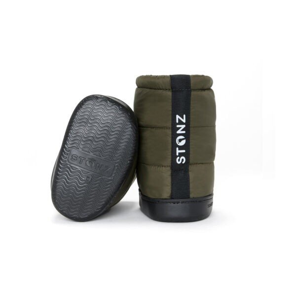 3. Back view of Stonz toddler puffer booties in cypress green showing non-slip sole and brand logo