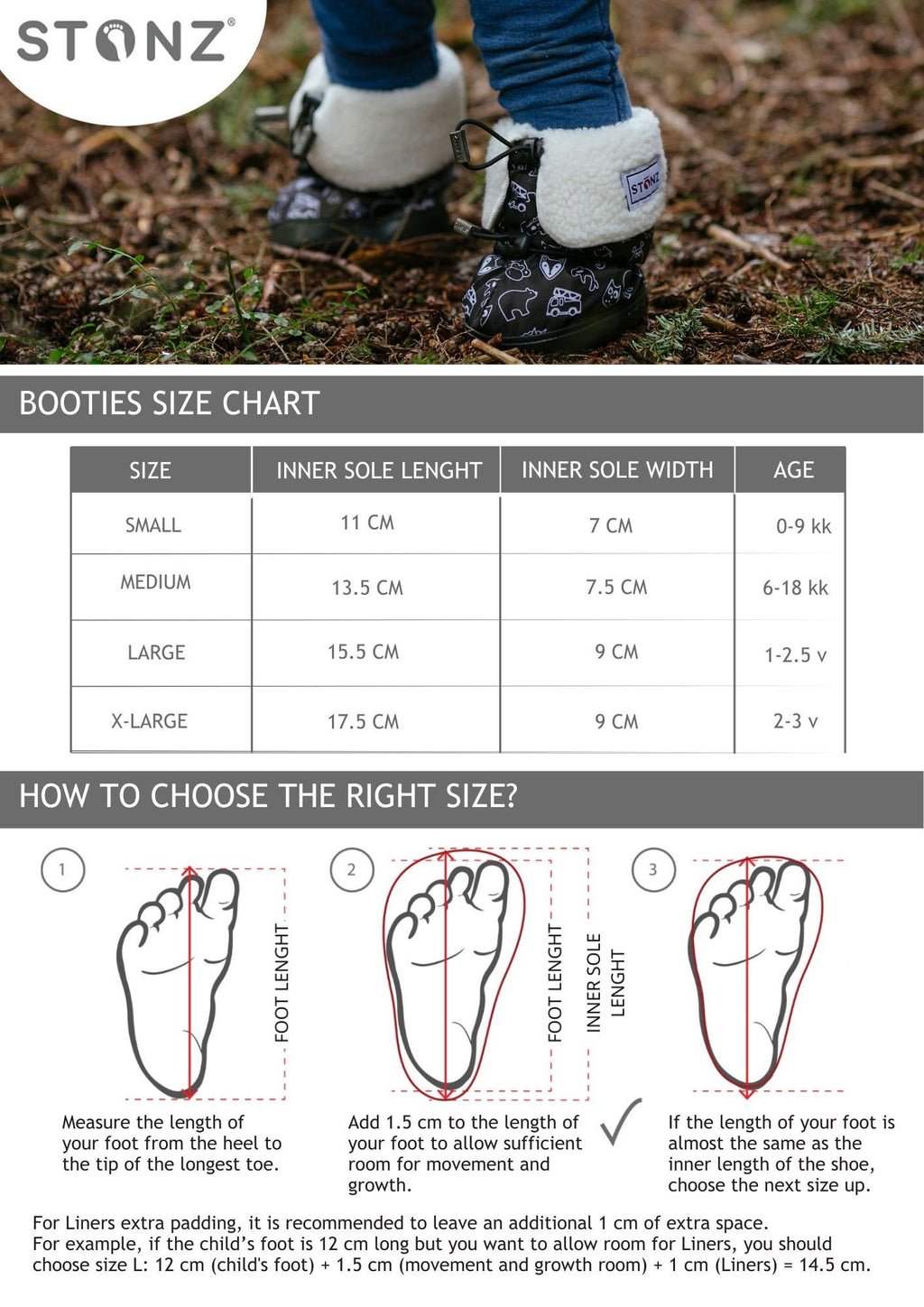 5. Size chart for Stonz toddler booties showing inner sole length and age range with fitting instructions