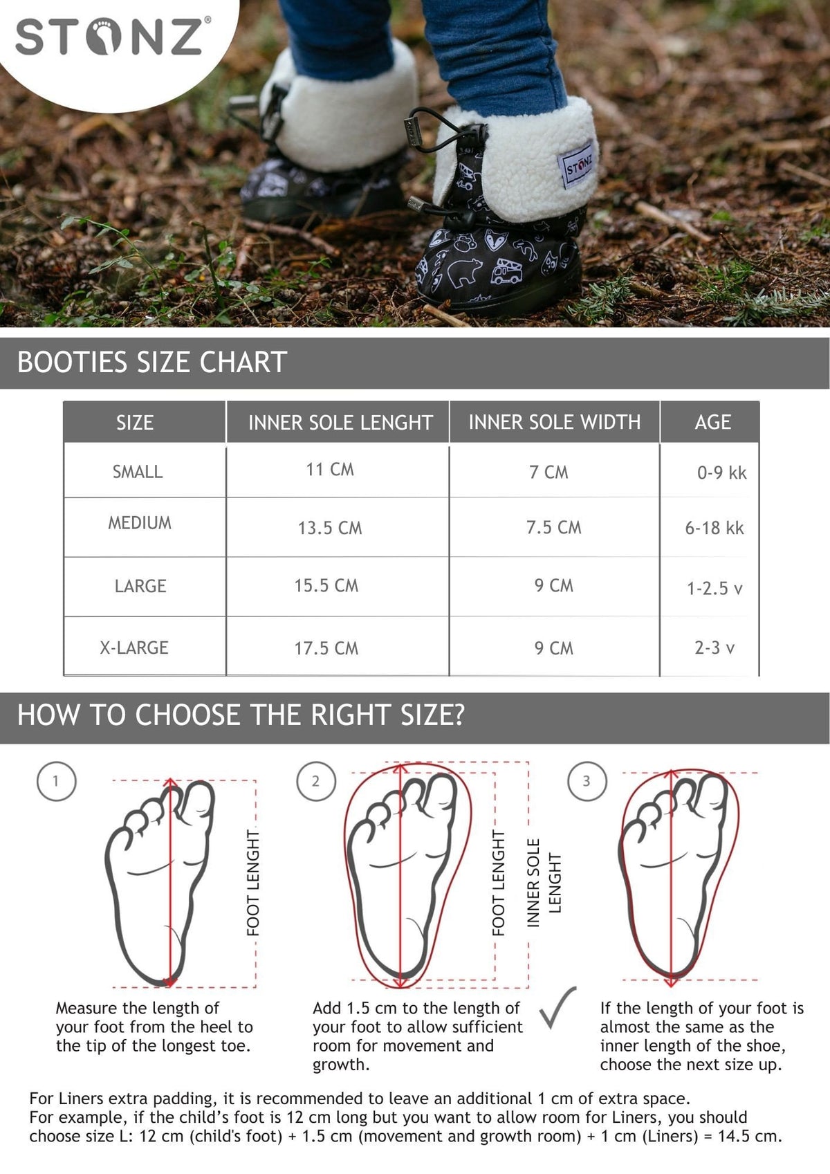 5. Size chart for Stonz toddler puffer booties showing inner sole length, width, and age range