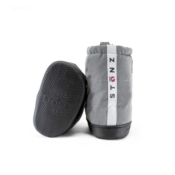 5. Reflective silver toddler puffer booties showing sole and back with Stonz branding