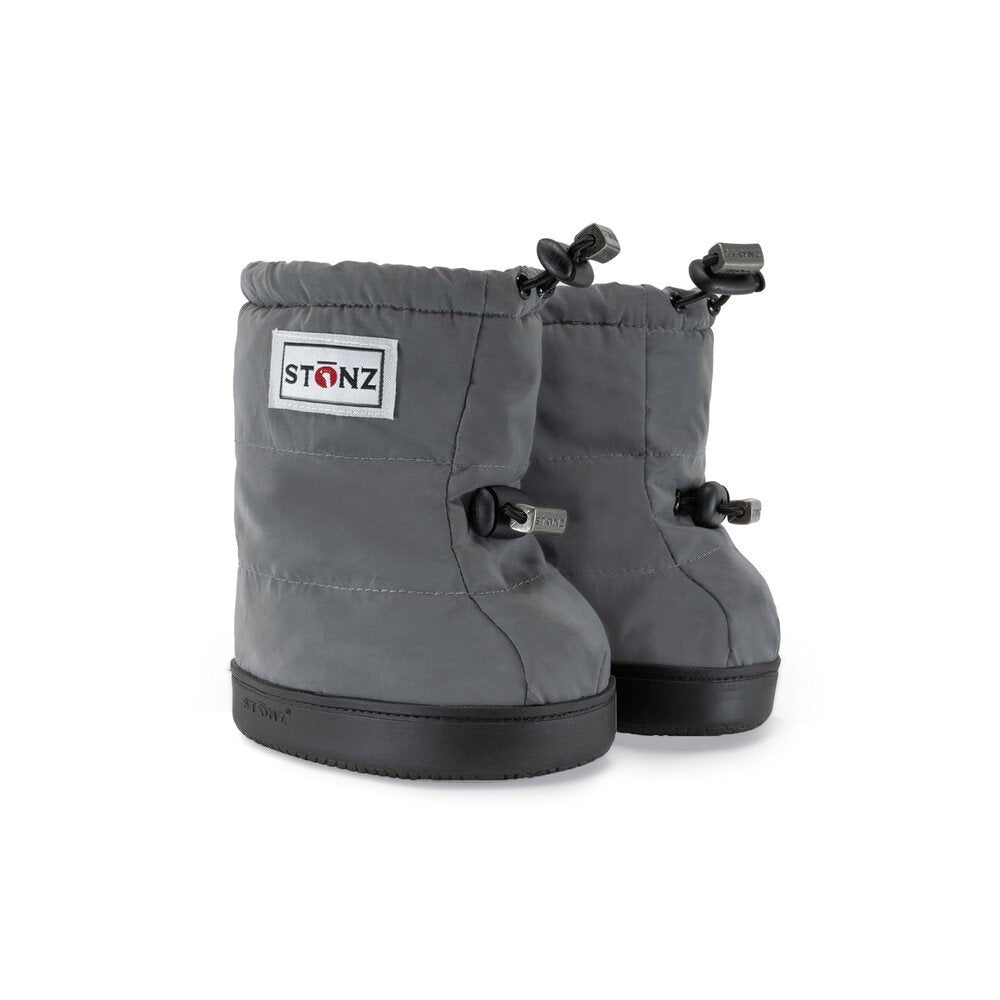 1. Reflective silver toddler puffer booties with Stonz logo and adjustable fasteners on white background