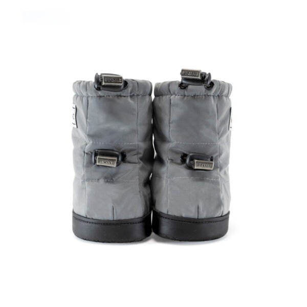 2. Back view of reflective silver toddler puffer booties with adjustable fasteners and Stonz branding