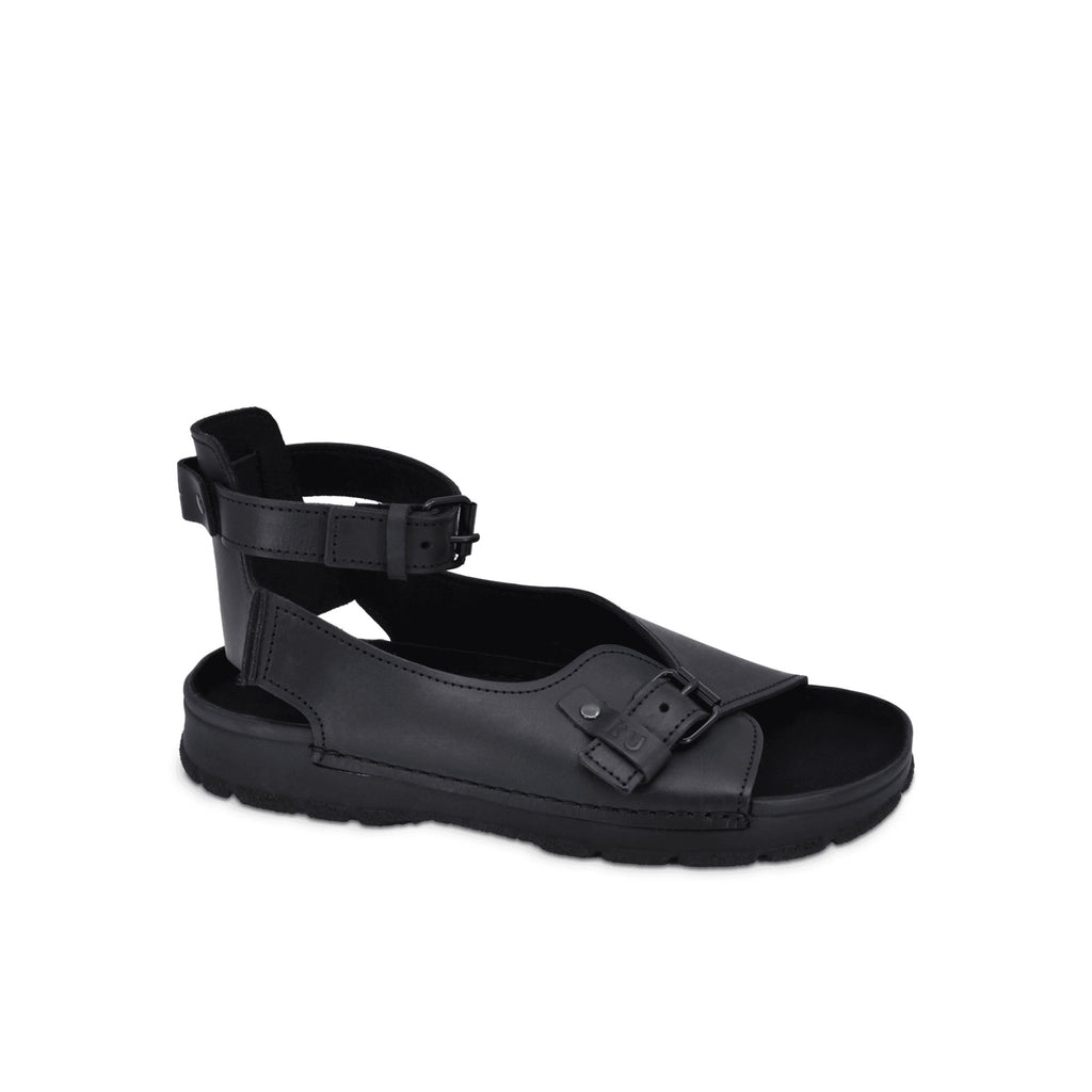 5. Side view of TOKU Athens black sandals by Omaking in studio, showcasing polyurethane outsole and microfiber lining