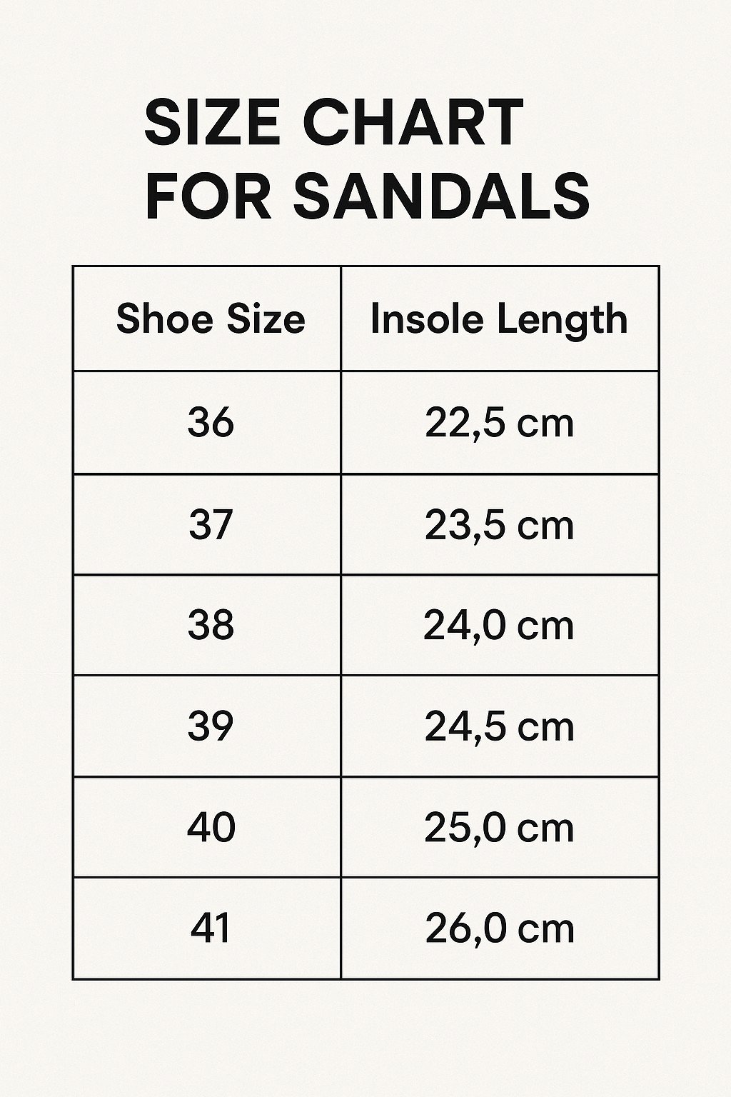 3. Size chart for Omaking TOKU Athens sandals, showing shoe sizes 36 to 41 with insole lengths in cm