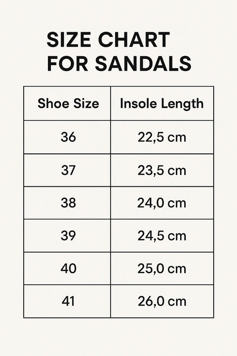 3. Size chart for Omaking TOKU Athens sandals, showing shoe sizes 36 to 41 with insole lengths in cm