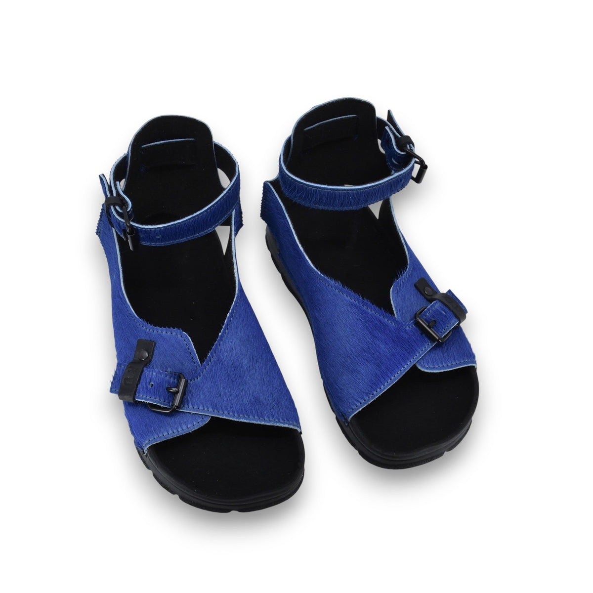 2. Pair of Omaking TOKU Athens blue sandals with adjustable straps, shown from above
