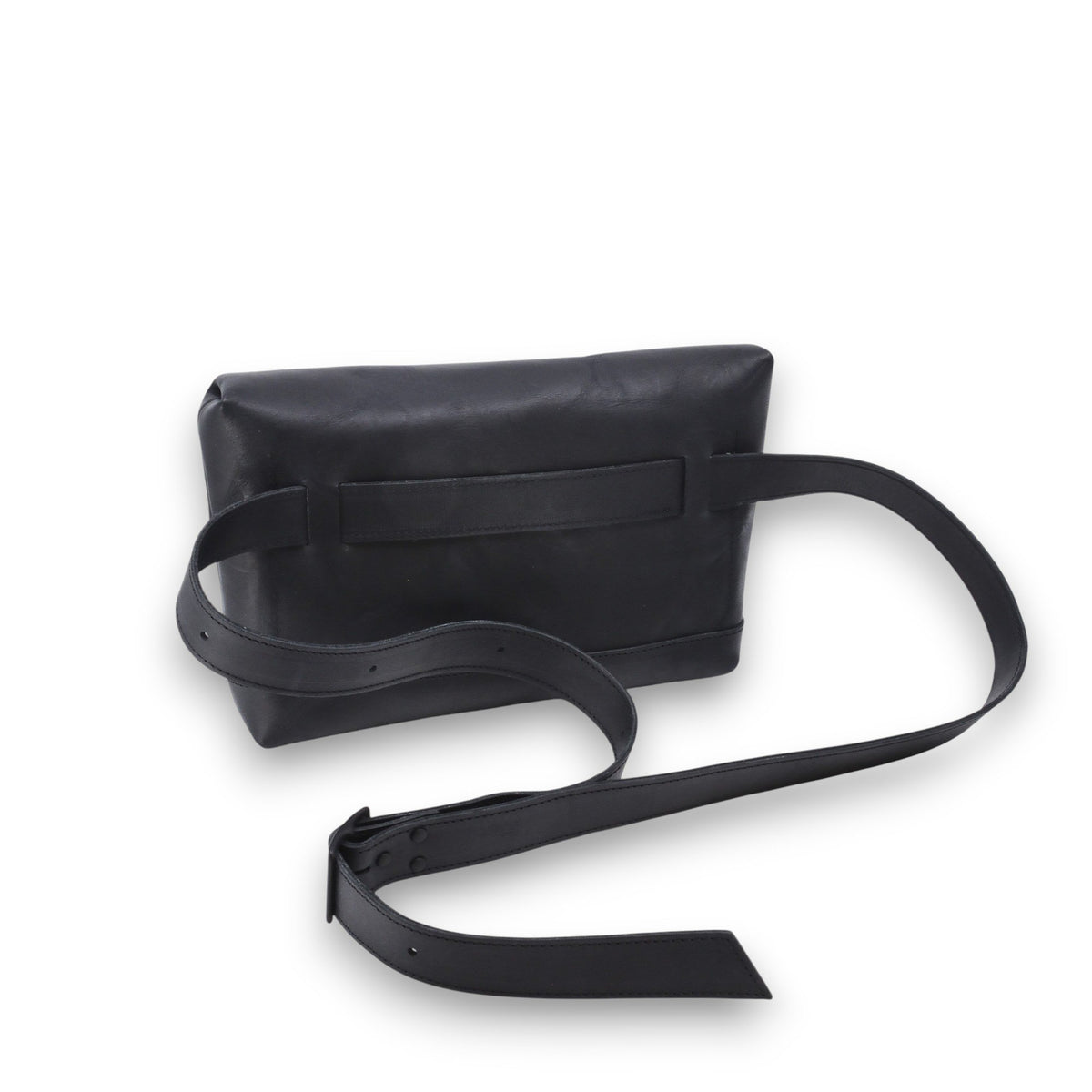 2. Back view of black TOKU Lisbon bag by Omaking, highlighting adjustable buckle strap and genuine leather material