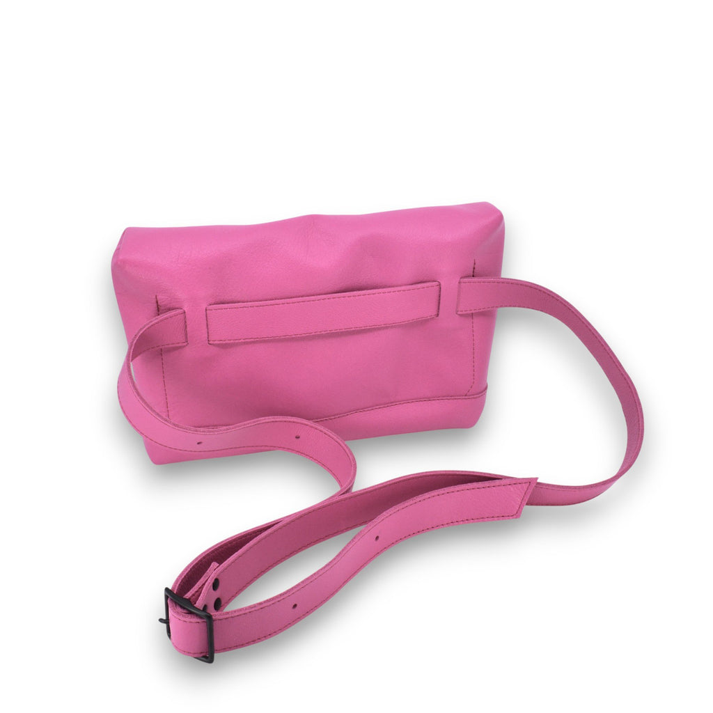 5. Back view of Omaking TOKU Lisbon pink leather bag showing strap and buckle