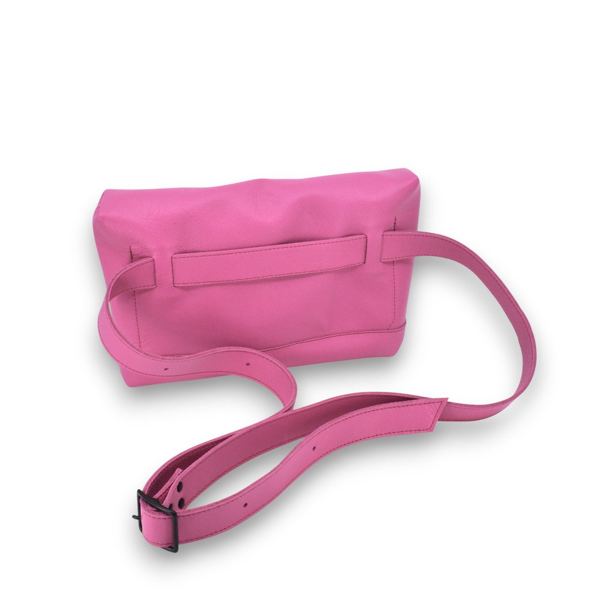 5. Back view of Omaking TOKU Lisbon pink leather bag showing strap and buckle