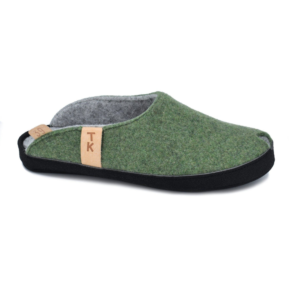 3. Studio shot of unisex TOKU Brussels Slippers in moss green with black microfibre sole, featuring natural lambswool felt upper