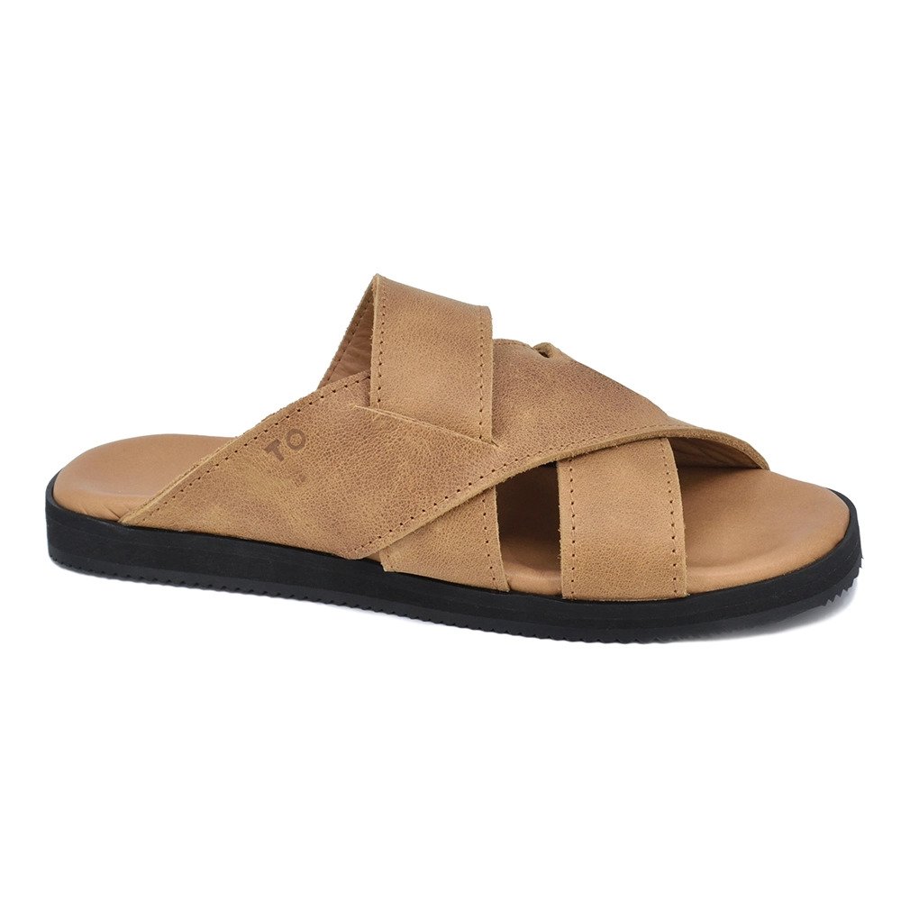 1. Women's Helsinki sandals in brown leather with ergonomic insole and EVA rubber outsole, side view