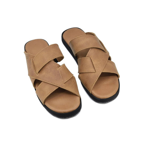 2. Pair of women's Helsinki sandals in brown leather, showing elastic side straps and ergonomic design