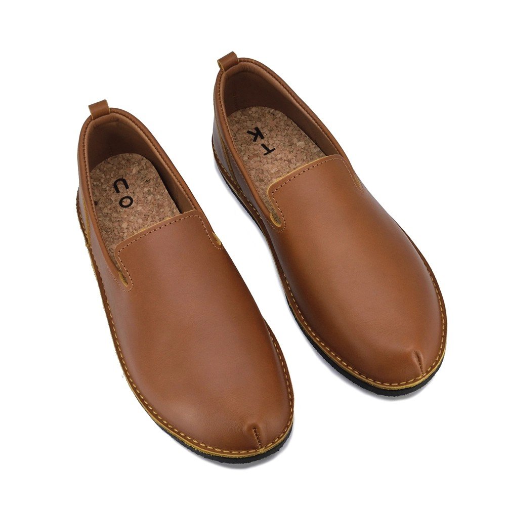 4. Top view of TOKU London Classic Shoes in Ocre, displaying cork-covered insole and leather finish
