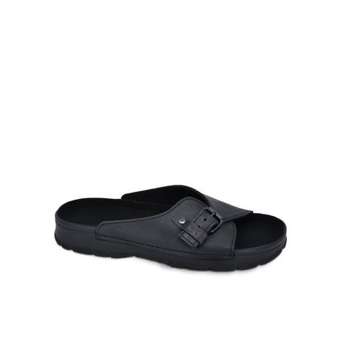 4. Side view of black TOKU Rome Sandals by Omaking, highlighting natural leather upper and supportive insole