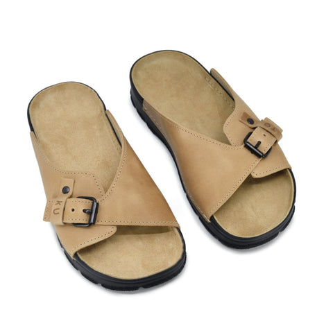 2. Pair of Omaking TOKU Rome Sandals in beige leather, featuring wide fit and supportive insole, studio shot