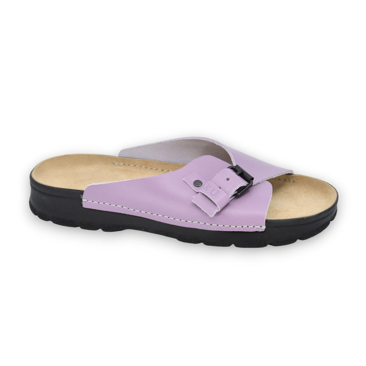 2. Women's TOKU Rome Orchid Sandals in lavender leather with black buckle, side view
